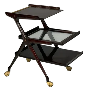 Ico Parisi Style, Italian Modern, Wood, Brass, Glass, Bar Cart, Italy, 1950s