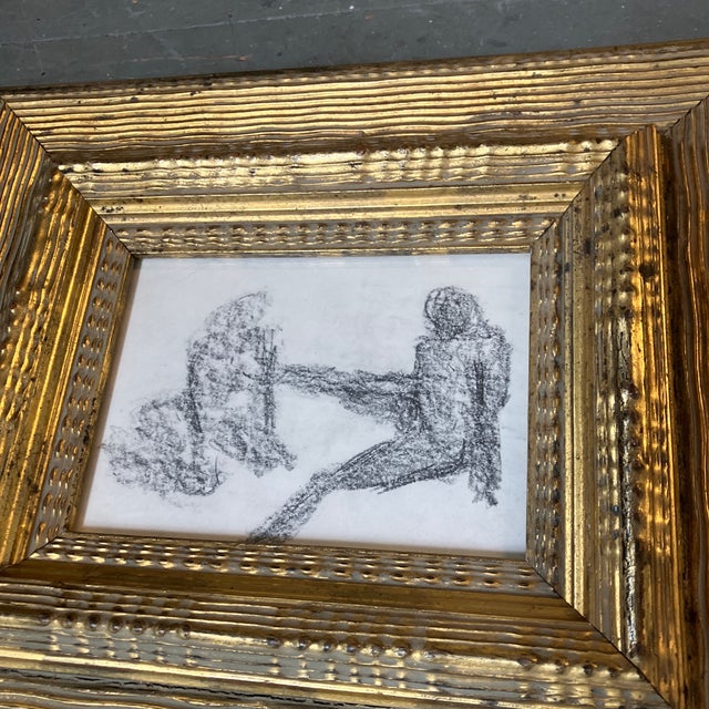 Original 5 x 7 drawing on paper unsigned Overall size with new old stock heavy carved & distressed wood frame is 12.5 x 14.5