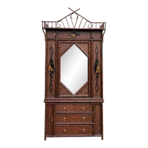 1980s Maitland-Smith English Style Burnt Bamboo Chinoiserie Armoire / Cabinet
