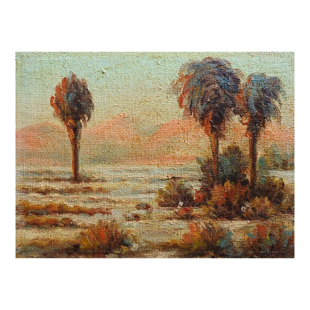 Small Mid 20th Century Desert Palm Trees Landscape Painting For Sale