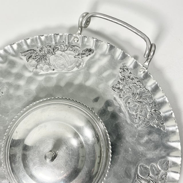 1950s Vintage Boho Chic Arts & Crafts Hand Wrought Etched Aluminum Round Serving Tray For Sale - Image 6 of 12