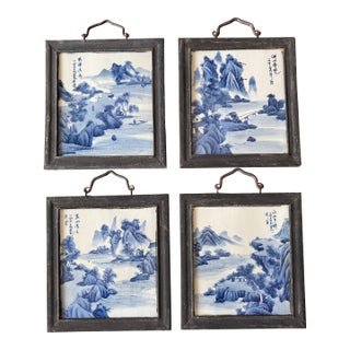 Blue Asian Antique Set of Four Chinese Blue and White Porcelain Plaques, Signed & Inscribed Shanshui Landscapes, Ebonized FramesTiles For Sale