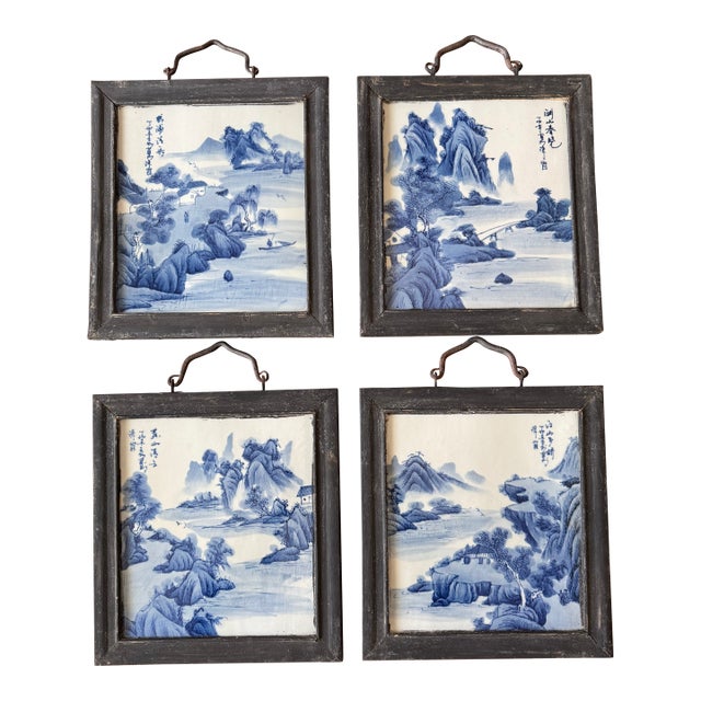 Blue Asian Antique Set of Four Chinese Blue and White Porcelain Plaques, Signed & Inscribed Shanshui Landscapes, Ebonized FramesTiles For Sale