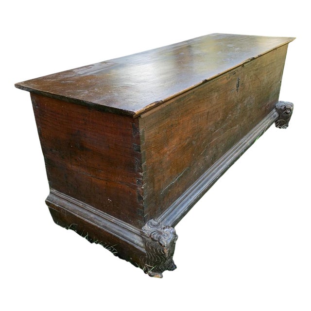 Walnut Castle Chest with Carved Lions, 16th Century For Sale