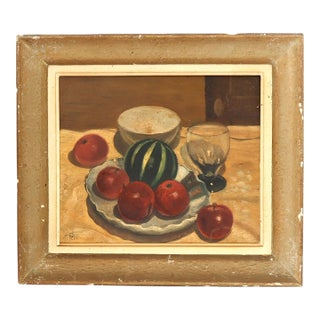 Early 20th Century French Still Life Painting, Watermelon & Apples For Sale
