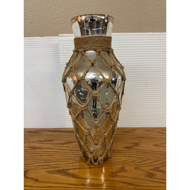 Silver Twine Wrapped Mercury Glass Bottles, Set of Two For Sale - Image 8 of 12