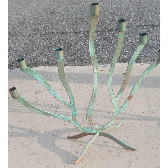 Vintage 7 Arm Brutalist Candelabra Hand-Forged Iron and Copper With Verdigris, a Pair For Sale - Image 10 of 15