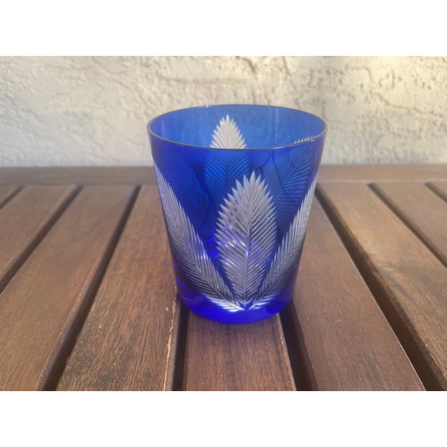 Workaday Handmade Vintage Bohemia Cut to Clear Cobalt Blue Leaf Lowball Tumblers - Set of 4 For Sale - Image 4 of 7