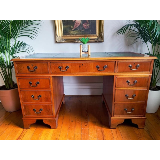 Vintage Twin Pedestal Desk in Yew Wood and Leather Top, 1980, in Flawless conditions. Designed 1980 to 1989