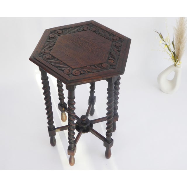 Hexagonal Barley Twist Side Table in Oak For Sale - Image 4 of 11