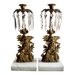 Pair of Antique Brass Victorian Girandole Candlesticks With Marble Base & Prisms For Sale