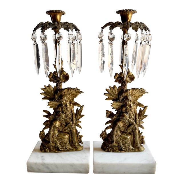 Pair of Antique Brass Victorian Girandole Candlesticks With Marble Base & Prisms For Sale