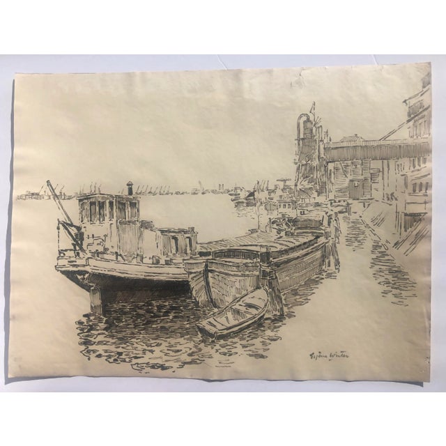 Large Eugene Winter (1918 - 1980) Dutch or European port scene signed lower right.
