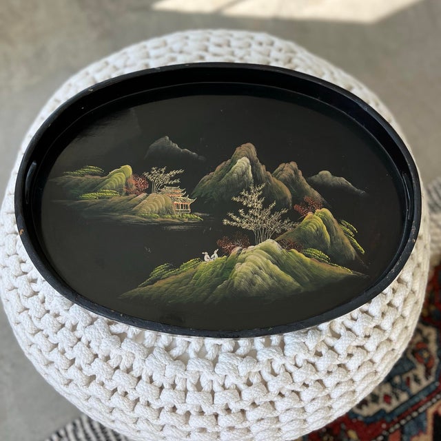 1960s Vintage Hand-Painted Lacquer on Wood Chinoiserie Landscape Tray For Sale In Houston - Image 6 of 11