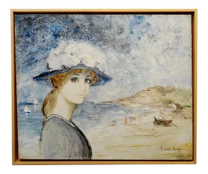 Bernard Charoy -Portrait of a Young Girl at a Beach in South of France -Oil Painting