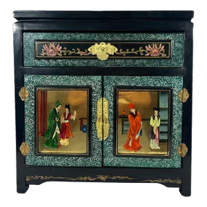 Vintage Black Lacquer Jewelry Box, Chest With Figures & Lotus Chinoiserie Scenes on Brass Embellishments