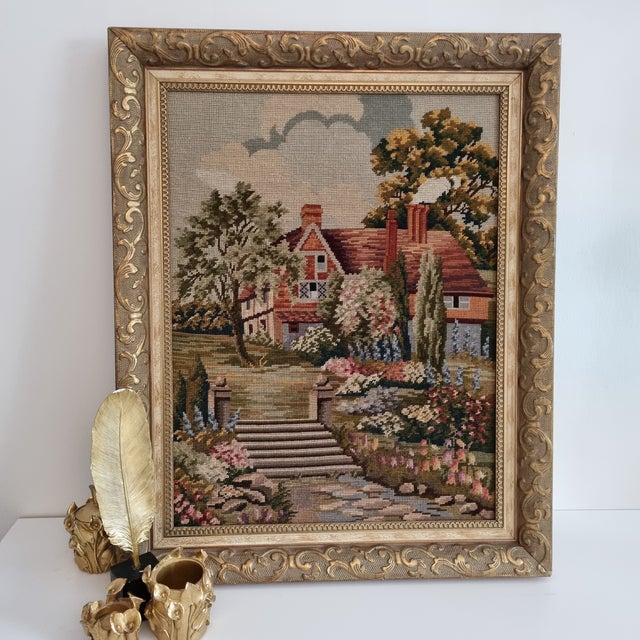 Antique Handmade Gobelin Large Victorian Needlepoint Cottage Scene Wall Art Wool Tapestry in Gilded Baroque Frame, 19th Century For Sale - Image 9 of 11