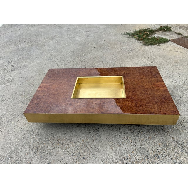 Brown Italian Coffee Table in Walnut Burl and Brass, 1970 For Sale - Image 8 of 8