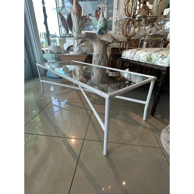 1970s Vintage Faux Bamboo Patio Outdoor Metal Newly Powder-Coated White Coffee Cocktail Table For Sale - Image 5 of 12