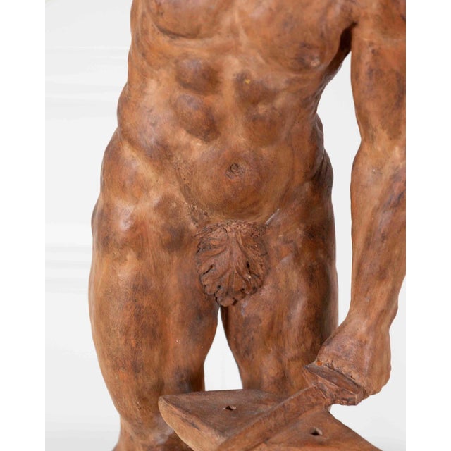 Classical Roman 19th Century Italian Terracotta Statuette of Vulcan Forging a Dagger on an Anvil For Sale - Image 3 of 9
