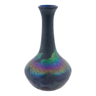 Black Iridescent Amethyst Vase With Floral Design, Early 20th C., 13-Inch For Sale