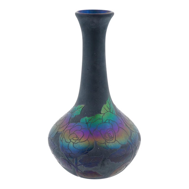 Black Iridescent Amethyst Vase With Floral Design, Early 20th C., 13-Inch For Sale