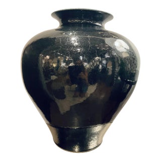 Large Modern Black Glaze Bulbous Vase For Sale