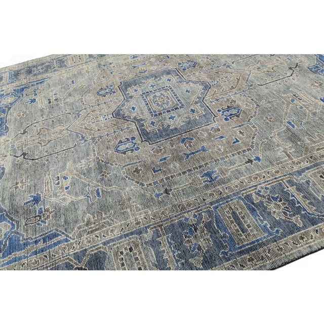 Modern Hand-Knotted Oushak Style Area Rug in Slate Grey & Cobalt Blue Wool 9x12 For Sale - Image 4 of 12