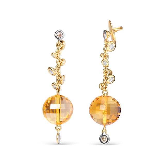 Contemporary 18K Yellow Gold 2/3 Cttw Round Bezel Diamond and 25mm Ball Shaped Yellow Citrine Gemstone Dangle Stud Earrings, A Pair For Sale - Image 3 of 6