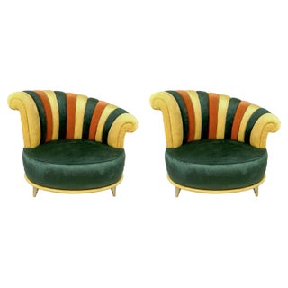 Set of Multicolor Fabric Armchairs with Asymmetrical Backrest For Sale