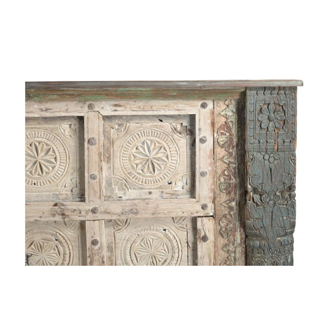 Indian King Size Headboard Constructed From an Antique Door and Pillars, the door c. 1900 from Rajasthan. With the teak...