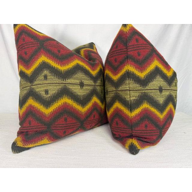 Transitional Mind the Gap "Pyramidenspitzer Fabric" in Green/Red/Yellow 22" Pillows-a Pair For Sale - Image 3 of 3
