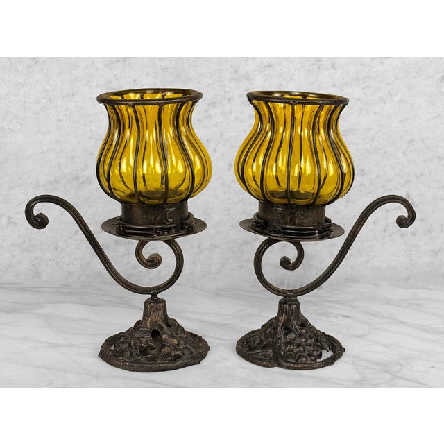 Gothic Vintage Gothic Revival Wrought Iron & Blown Amber Glass Candle Holders - A Pair For Sale - Image 3 of 9