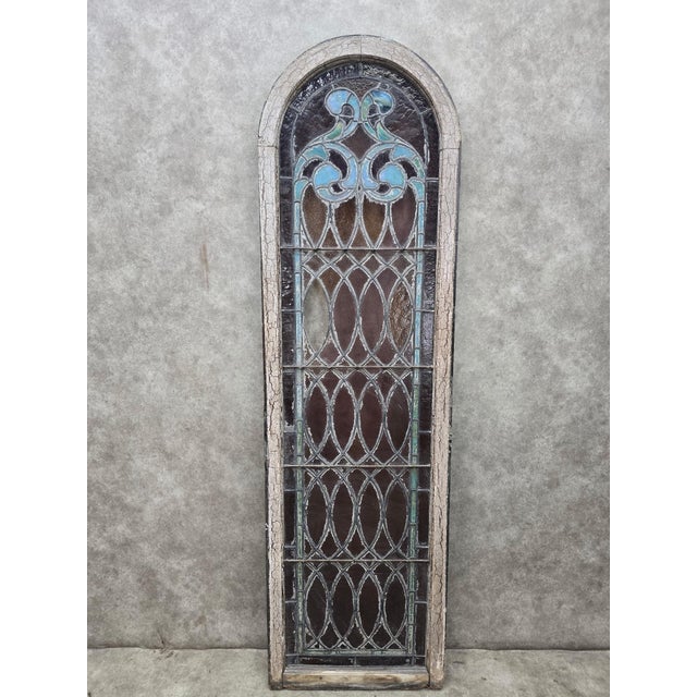 Wood Antique Gothic Arched Stained Glass Church Window For Sale - Image 7 of 7