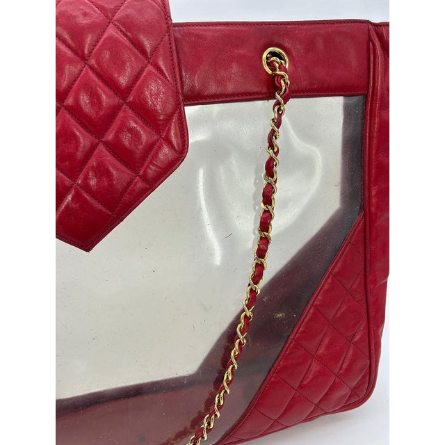 Chanel Vintage Red Leather Clear PVC Shoulder Bag Tote c1990s For Sale - Image 10 of 11