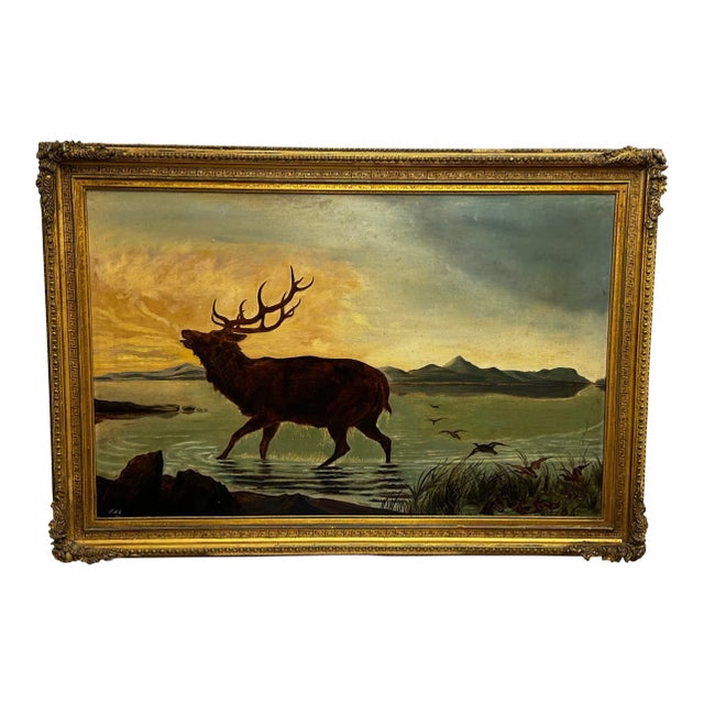 19th Century Oil Painting Wild Stag Male Deer Scottish Highlands Wading Loch Lomond Dated 1880 For Sale