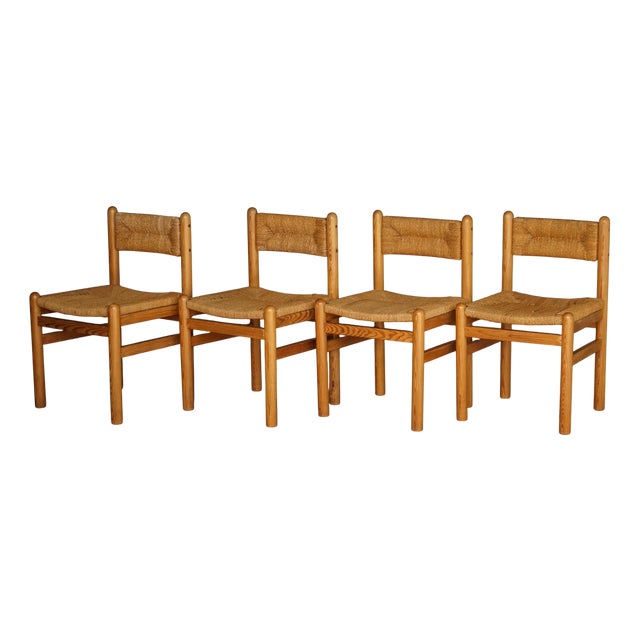 Pine and Seagrass Dining Chairs in the style of Charlotte Perriand, 1960s, Set of 4 For Sale