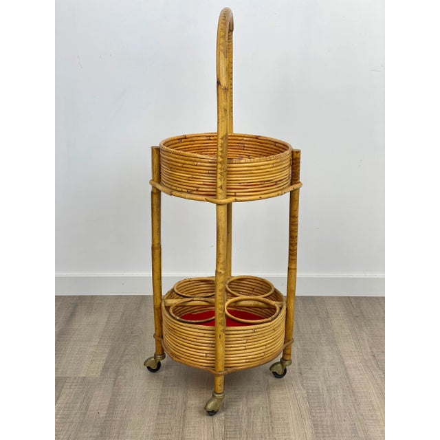 Bamboo & Rattan Round Service Side Bar Cart, Italy, 1960s For Sale - Image 13 of 18
