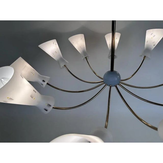 Large Italian Brass Sputnik 10-Light Chandelier with Opaline Glass Double-Cone Lampshades, 1950s For Sale - Image 4 of 12