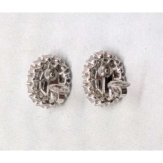 Vintage 1950s Signed Crown Trifari Oval Faux-Pearl and Aurora Borealis Clip Earrings-2 Pieces For Sale In Philadelphia - Image 6 of 7