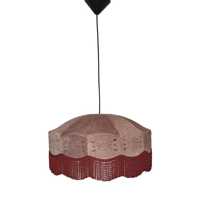 Vintage Pendant Lamp with Hand-Stitched Red Velour Leather Shade, 1970s For Sale