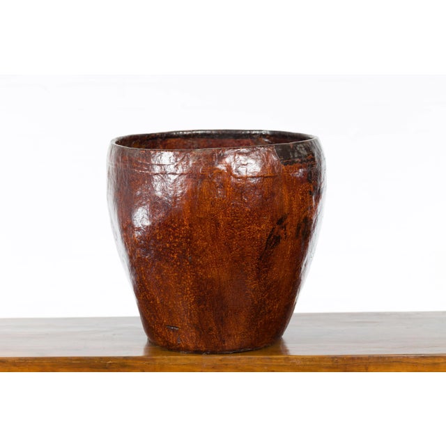 Thai Vintage Brown and Black Papier Mâché Basket with Floral Friezes For Sale - Image 12 of 13