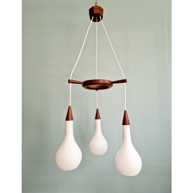 Scandinavian Chandelier in Teak and White Satin Glass, 1960s For Sale - Image 12 of 14
