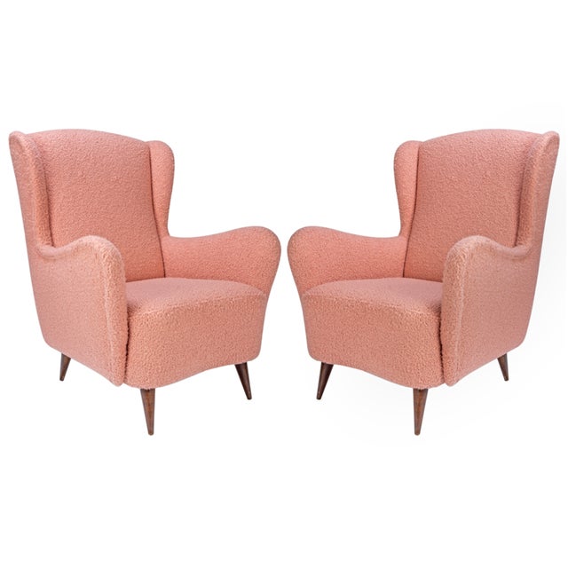Italian lounge chairs from the 1950s - 1960s, newly upholstered in the softest blush bouclé. Gorgeous as a statement duo...