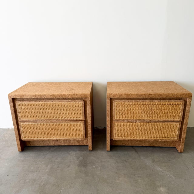 Aldo Tura 1970s Walnut Burlwood Nightstands With Cane Fronts MCM For Sale - Image 4 of 10