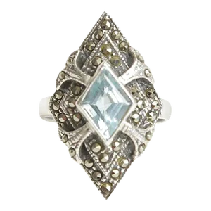 Vintage Art Deco Sterling Silver Blue Topaz and Marquisette Art Deco Ring, Size 8