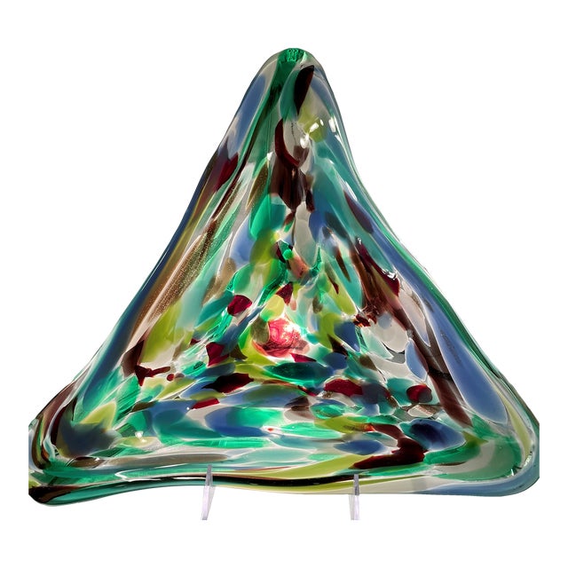 1960s Italian Mid-Century Murano Attributed Large Freeform Triangle Glass Bowl Pastel/Gold For Sale