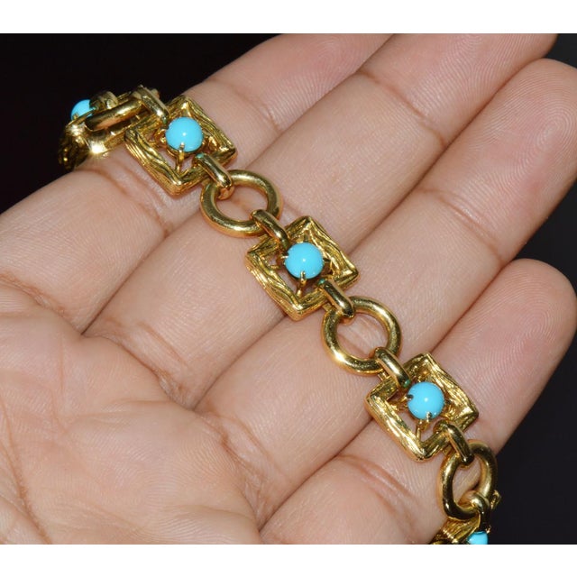 Vintage Mid-Century Solid 18k Gold & Natural Persian Turquoise Bracelet For Sale - Image 10 of 11