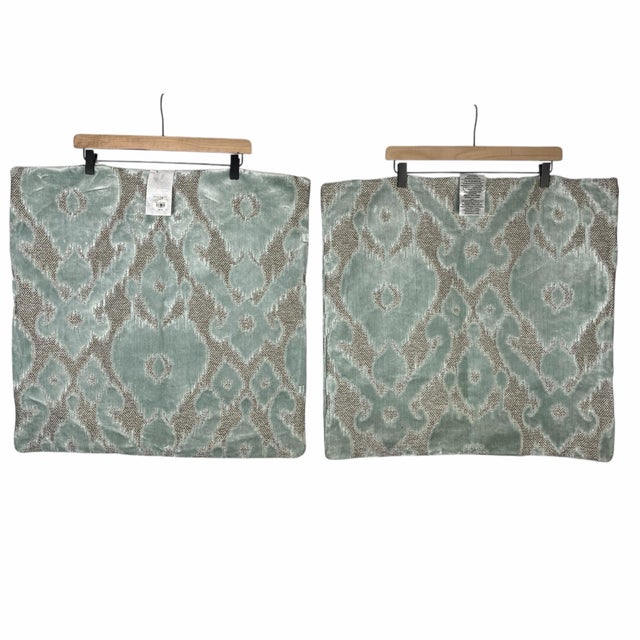 Z GALLERIE Pair Seaglass Blue and Beige Velvet Euro Pillow Cover Shams (2) 32" x 32" **Inserts Not Included** Very Good...