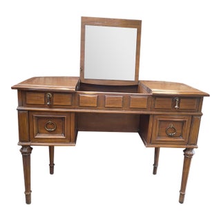 Vintage 1960s Drexel Esperanto Poudre Pecan Wood Vanity With Lift-Up Mirror For Sale